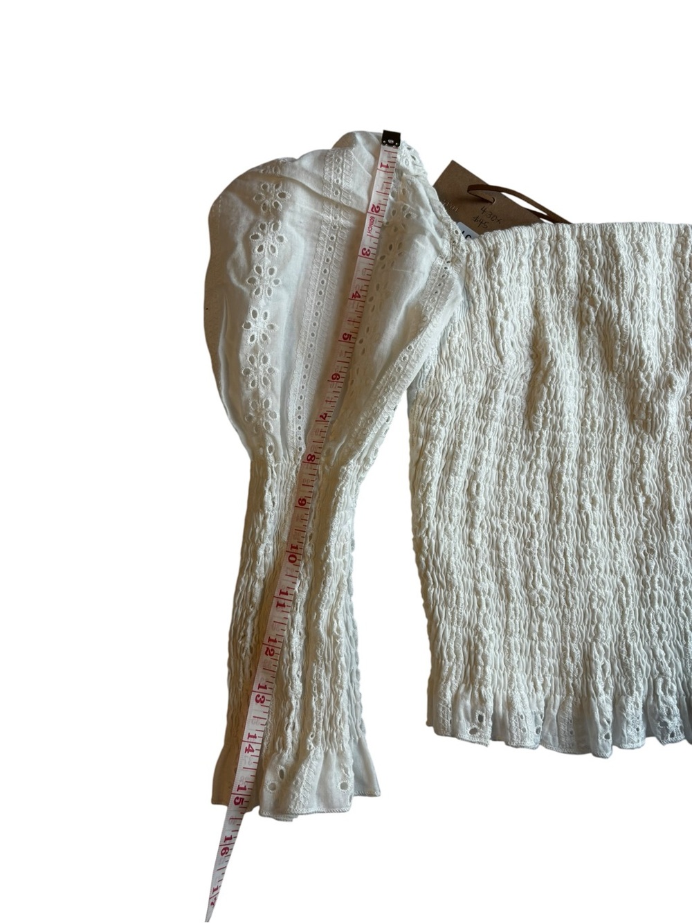 Smocked Square-Neck Eyelet Puff Sleeve Blouse — White - Picture 9 of 11